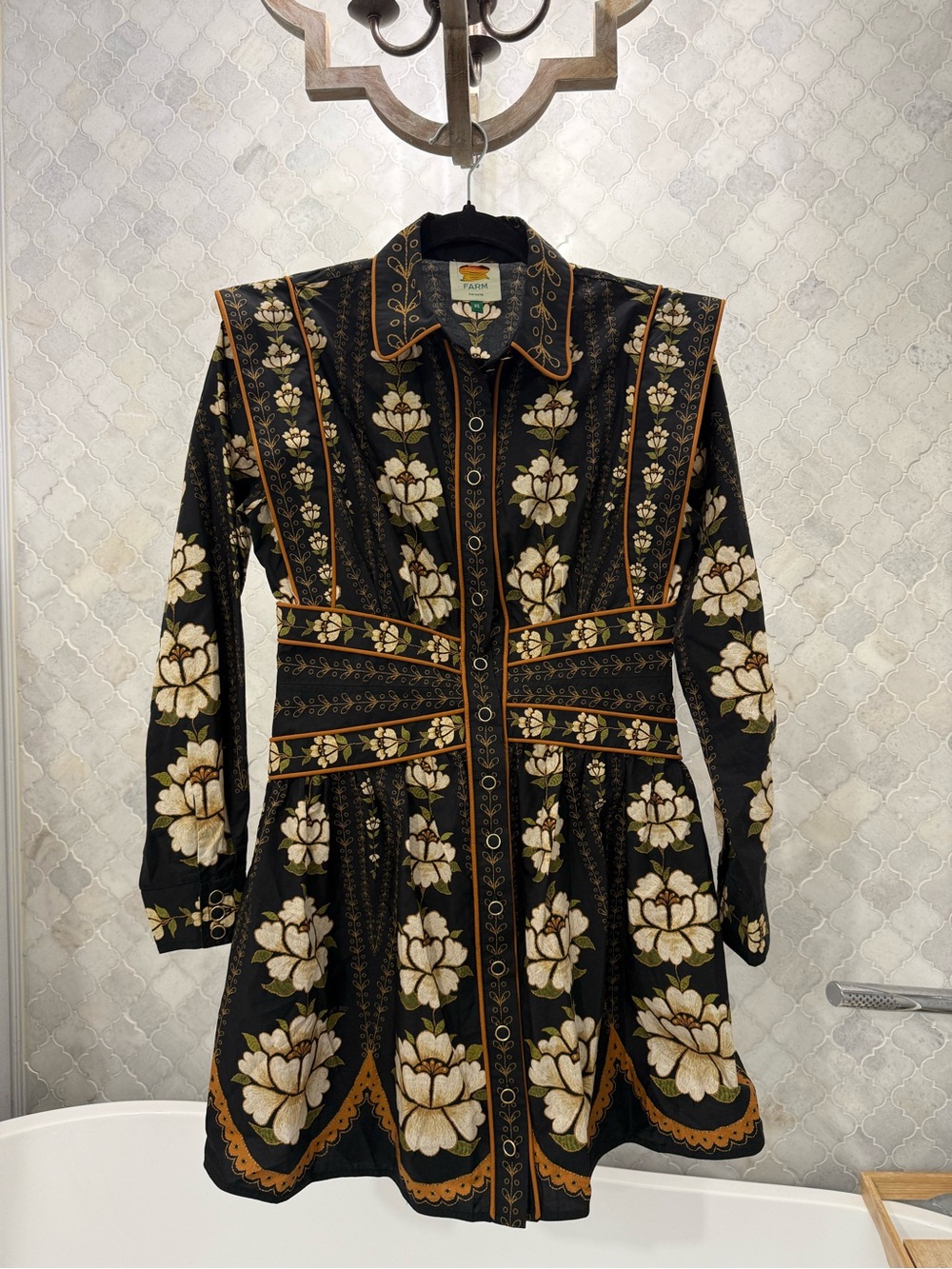 Farm Rio Black Floral Button-Front Women's Dress with Gold Accents XS NWOT